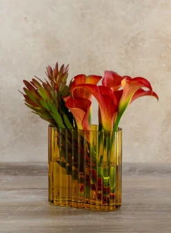 Amber Pleated Glass Cylinder and Oval Vase