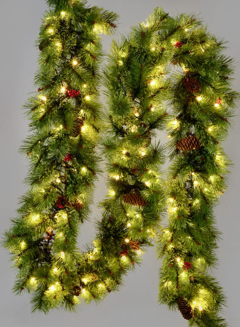 9ft Long Pine Garland With 150 LED Lights, Pine Cones & Berries