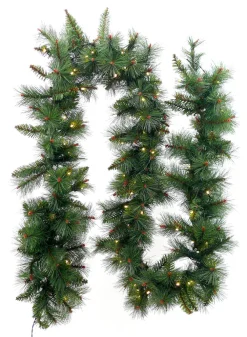 9ft Long Pine Needle Garland with Warm White 100 L.E.D. Lights