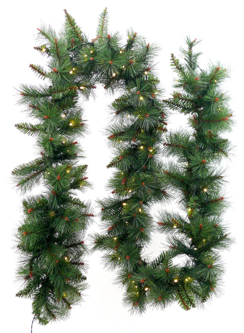 9ft Long Pine Needle Garland with Warm White 100 L.E.D. Lights