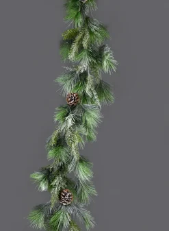 5ft Long Snowy Mixed Evergreens Garland With Pine Cones, Case of 2