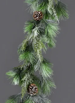 5ft Long Snowy Mixed Evergreens Garland With Pine Cones, Case of 2