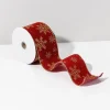 30ft Roll Ribbon - Red Flock W/Gold Glitter Snowflake