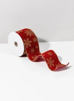 30ft Roll Ribbon - Red Flock W/Gold Glitter Snowflake