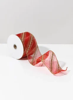 30ft Roll Ribbon - Red Sheer W/Gold Glitter