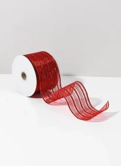 30ft Roll Ribbon -Sheer W/ Red Glitter Stripe