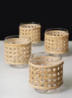 Indochine Cane Weaved Glass Holder, Set of 4