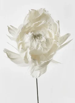 18in Glittered White Feather Open Peony, Bundle of 6