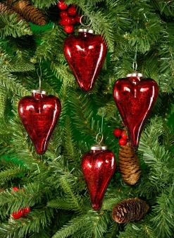 3in Long Antique Red Glass Heart In Window Box, Set of 4