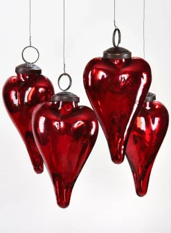 3in Long Antique Red Glass Heart In Window Box, Set of 4