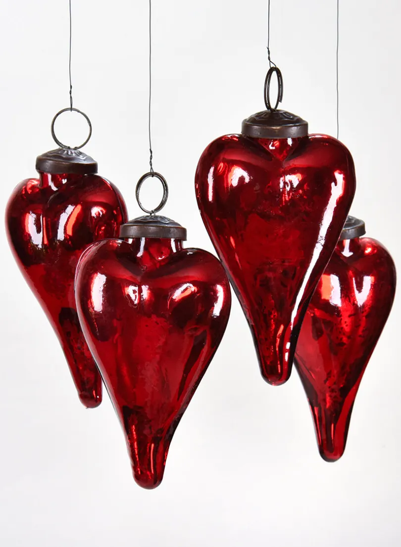 3in Long Antique Red Glass Heart In Window Box, Set of 4