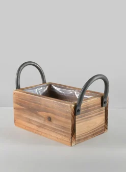10.5in Long Burnt Wood Display Flower Box with Decorative Handles