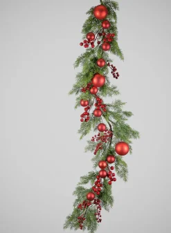 62in Long Classic Christmas Pine Garland with Red Ball Ornament and Red Berry, Case of 4