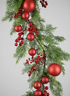 62in Long Classic Christmas Pine Garland with Red Ball Ornament and Red Berry, Case of 4
