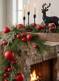 60in Long Classic Pine Garland with Red Ornaments & Glitter Berries