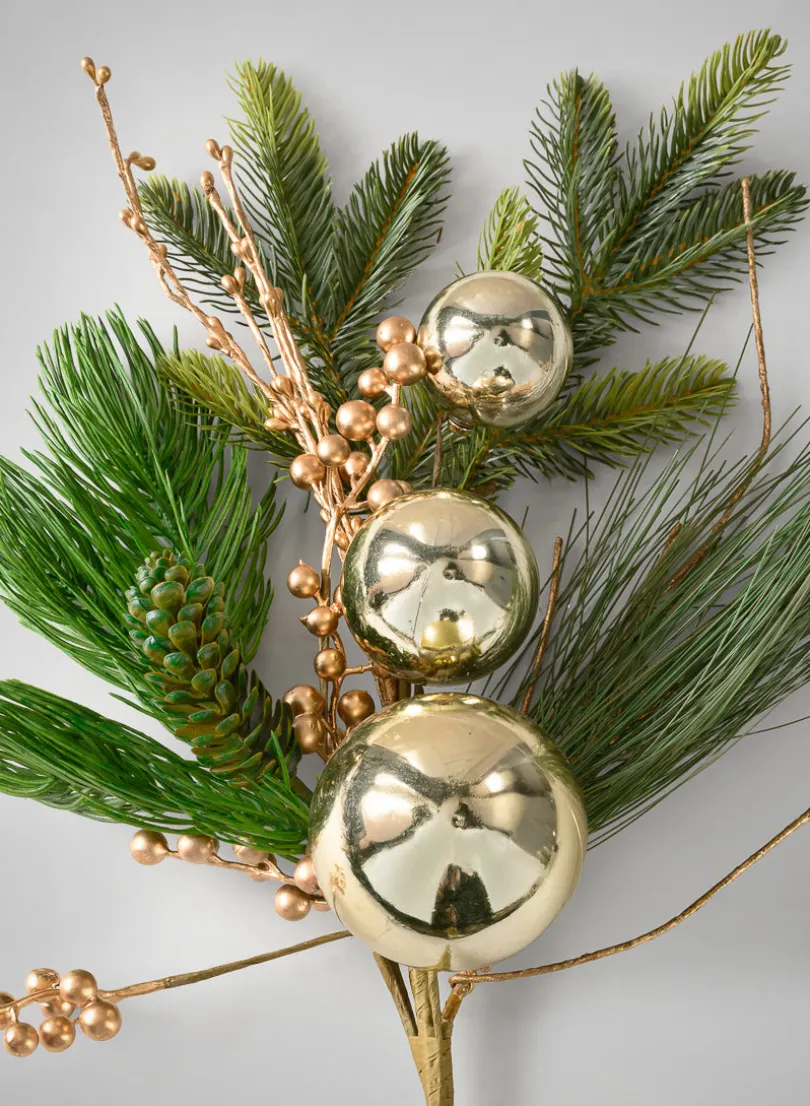 25in Long Classic Pine Pick with Gold Ornaments and Glitter Berries, Case of 12