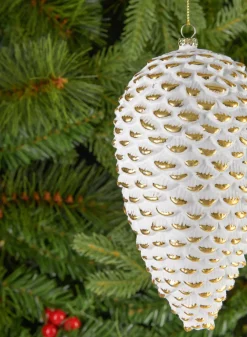 7in Long Etched Gold White Pinecone