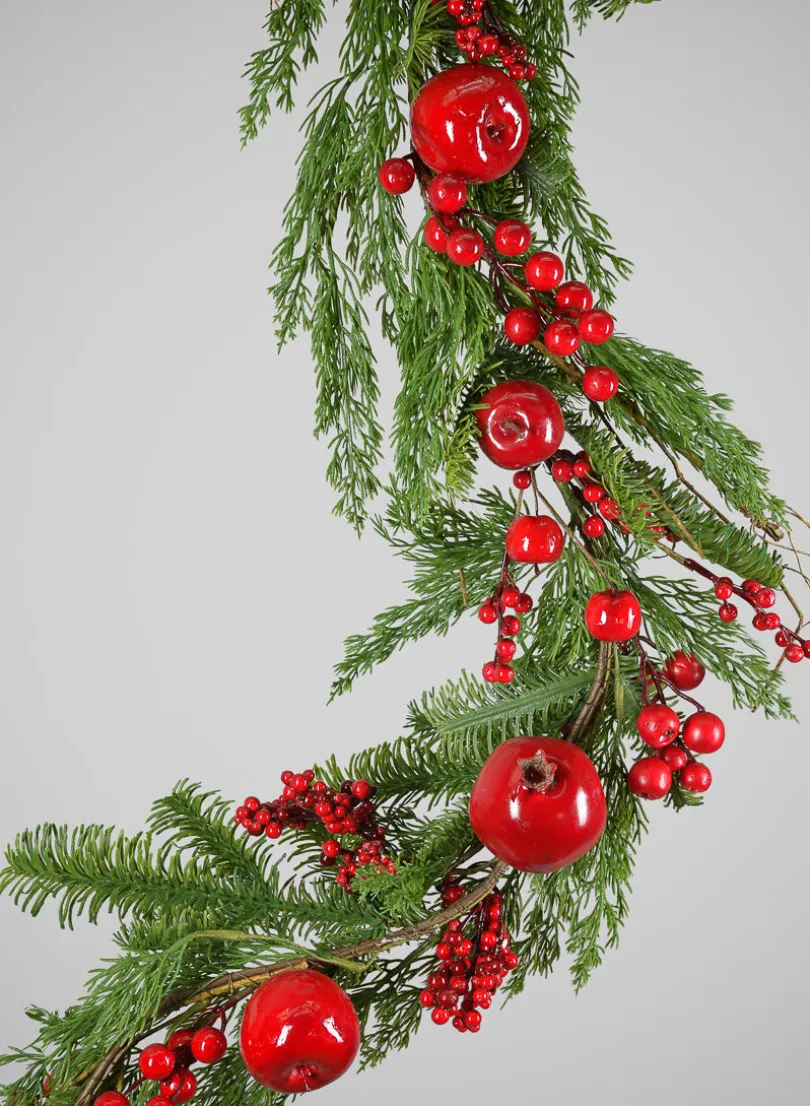 62in Long Festive Pine Garland with Red Berries and Apple Assortment, Case of 4