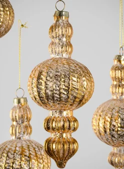 6in Long Gilded Old Gold Finial Glass Ornament, Set of 4
