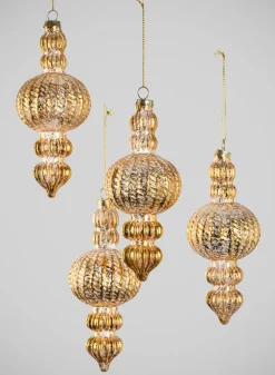 6in Long Gilded Old Gold Finial Glass Ornament, Set of 4