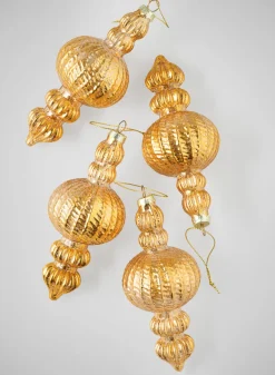 6in Long Gilded Old Gold Finial Glass Ornament, Set of 4