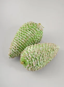 7in Long Glittered Green Tone Pine Cone, Set of 2