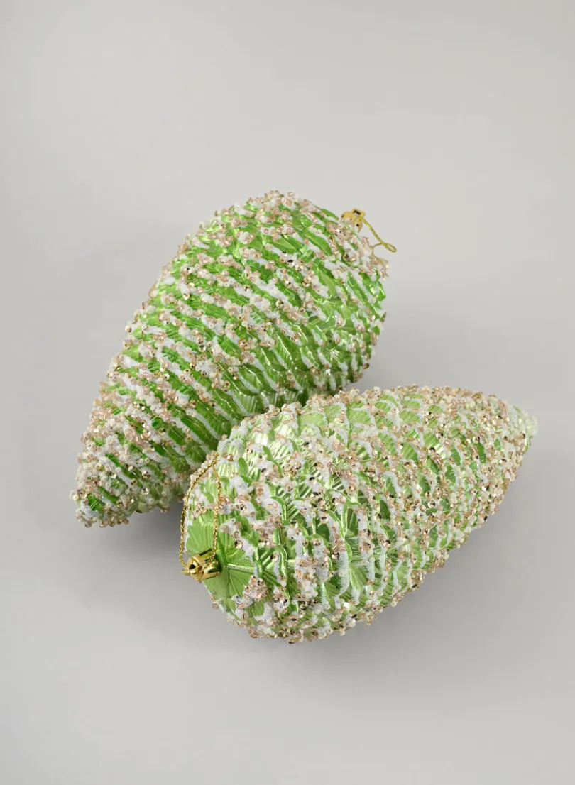 7in Long Glittered Green Tone Pine Cone, Set of 2