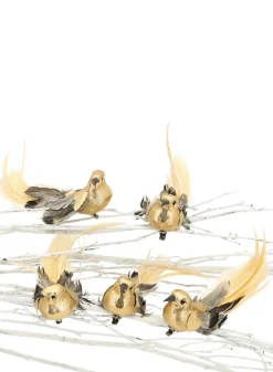 6in Long Gold Foil & Feather Bird With Clip, Set of 12