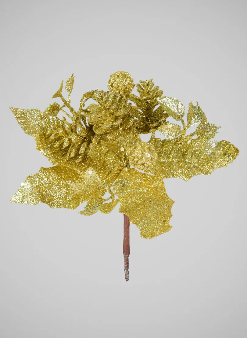 7in Long Gold Glitter Flower Pick, Bundle of 12