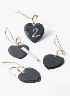 2.5in Long Heart Shaped Slate Name Tags With 2 Chalk Sticks, Set of 4