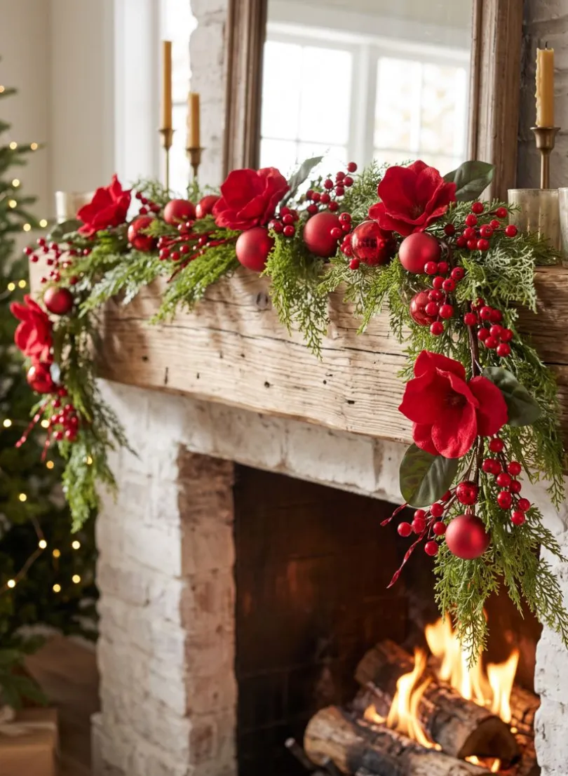 60in Long Red Magnolia and Ball Pine Garland