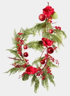 60in Long Red Magnolia and Ball Pine Garland