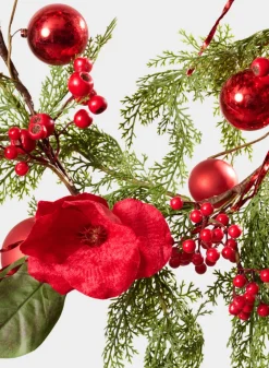 60in Long Red Magnolia and Ball Pine Garland
