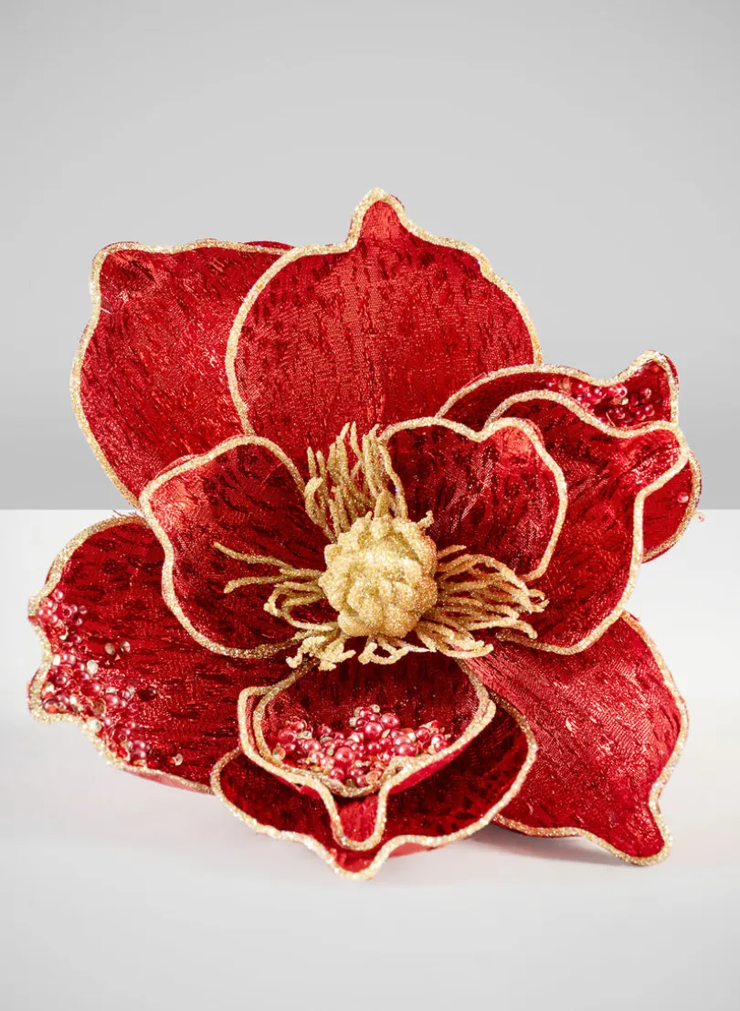 6in Long Red Magnolia Flower with Clip, Case of 12