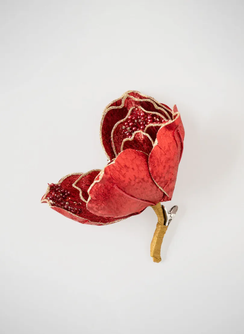 6in Long Red Magnolia Flower with Clip, Case of 12