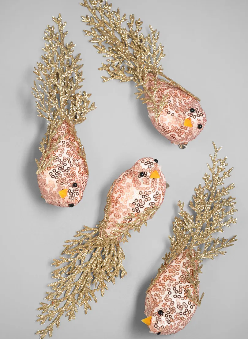 7in Long Rose Gold Fancy Tail Glitter Bird Ornament