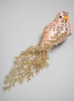 7in Long Rose Gold Fancy Tail Glitter Bird Ornament