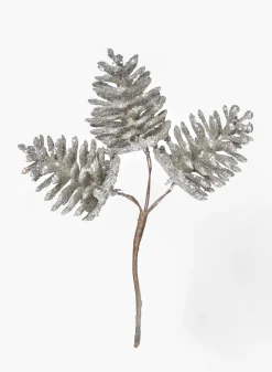 6in Long Silver Glitter Pine Cone Pick