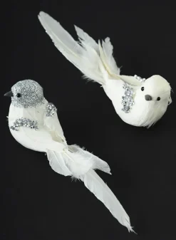 7in Long Silver Head White Feathered Bird, Set of 2