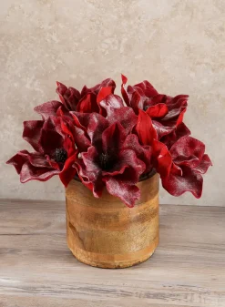 8in Long White Glittered Red Magnolia Pick