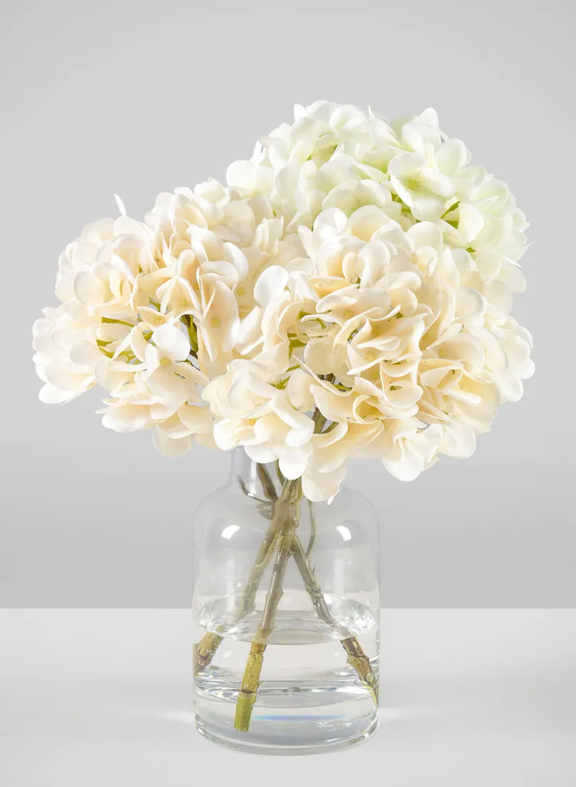 14in Long White Hydrangea in Clear Glass Vase