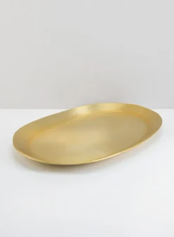 17in Long Wide Pooja Brass Look Aluminum Oval Tray