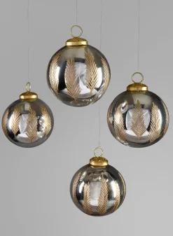 4in Round Al-Hambra Palm Leaf Silver Gold Glass Ornament, Set of 4