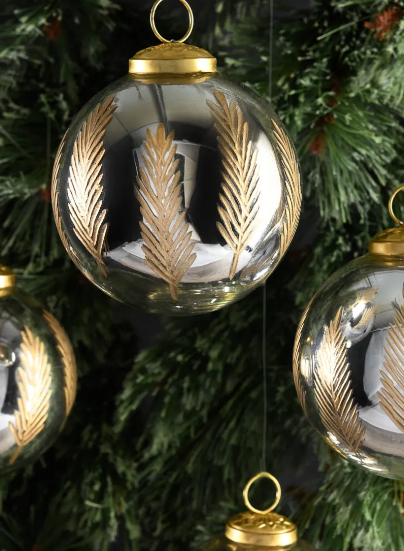 4in Round Al-Hambra Palm Leaf Silver Gold Glass Ornament, Set of 4