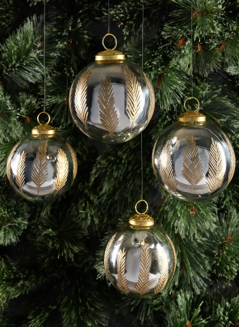 4in Round Al-Hambra Palm Leaf Silver Gold Glass Ornament, Set of 4