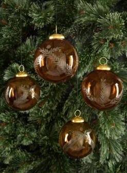 4in Round Almira Palm Amber Luster Glass Ornament, Set of 4