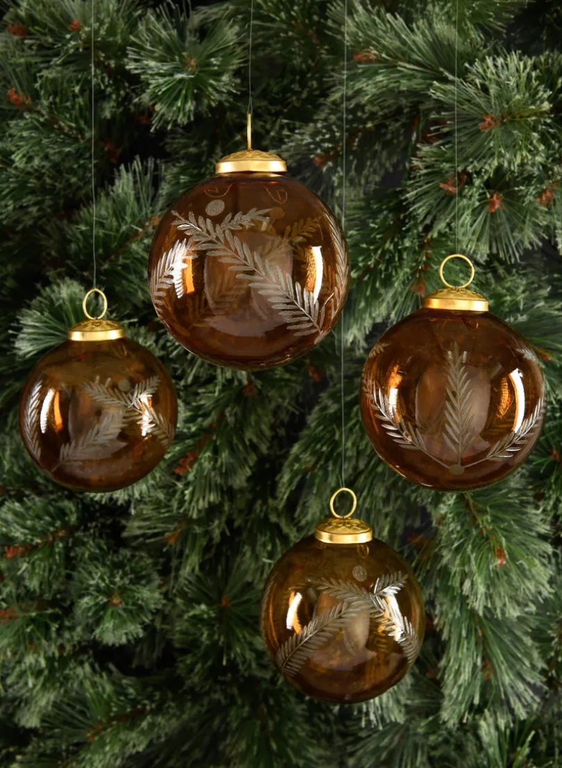 4in Round Almira Palm Amber Luster Glass Ornament, Set of 4