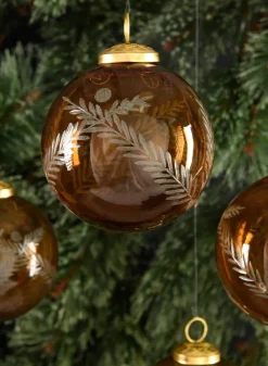 4in Round Almira Palm Amber Luster Glass Ornament, Set of 4