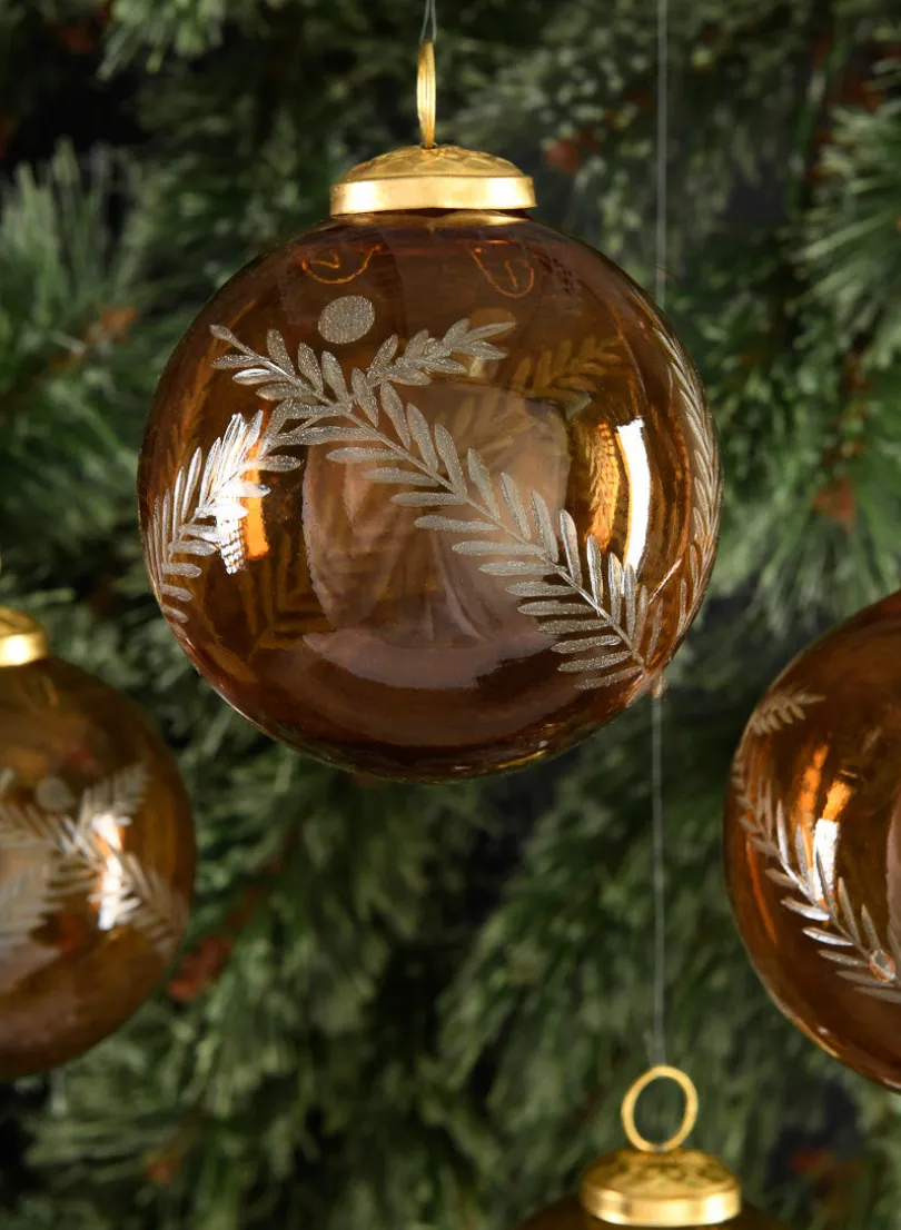 4in Round Almira Palm Amber Luster Glass Ornament, Set of 4