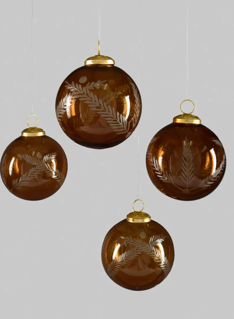 4in Round Almira Palm Amber Luster Glass Ornament, Set of 4
